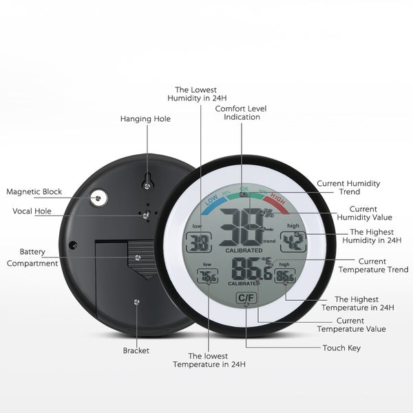 Indoor Outdoor Thermometer Hygrometer,Wireless Electronic Temperature Humidity Meter,Round Touch Screen Household Digital LCD Display Weather Station Tester
