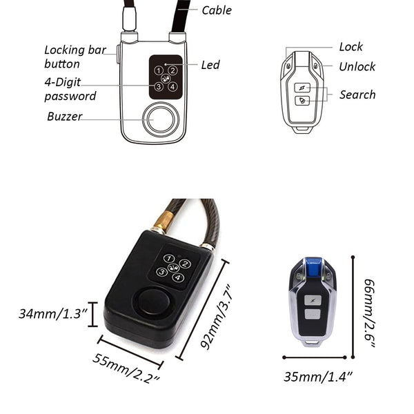 Mengshen Bicycle Lock with Remote Control, Anti-Theft Vibration Alarm with 80 cm Cable Length, IP55 Waterproof for Bicycle, Motorcycle, Door, Fence, Gate, Scooter, Pushchair