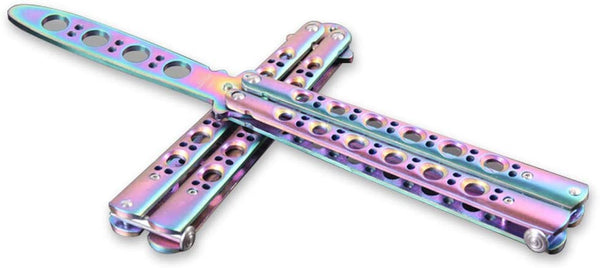 Butterfly Knife and Comb Knife Trainer, Rainbow Metal Practice Balisong Steel Dull Knife with Sheath (Training Knife) 100% Safe KC02A