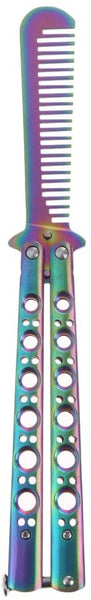 Butterfly Knife and Comb Knife Trainer, Rainbow Metal Practice Balisong Steel Dull Knife with Sheath (Training Knife) 100% Safe KC02B