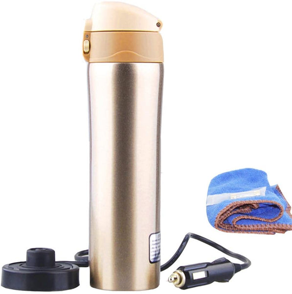Car Electric Heating Mug, Mengshen Coffee Cup 12V 400ML Stainless Steel Car Auto Kettle Pot Hot Water Heater Bottle Portable Flask Travel Electric 50W CA302 Gold