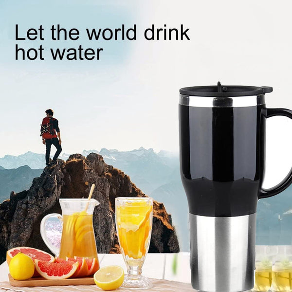 Hot Water Heater Mug for Car - Car Electric Kettle Heated Stainless steel Portable Cigarette Lighter Heating Cup Coffee Cup with Charger for Outdoor Students 12 Volt 450ML 50W CA107 Black